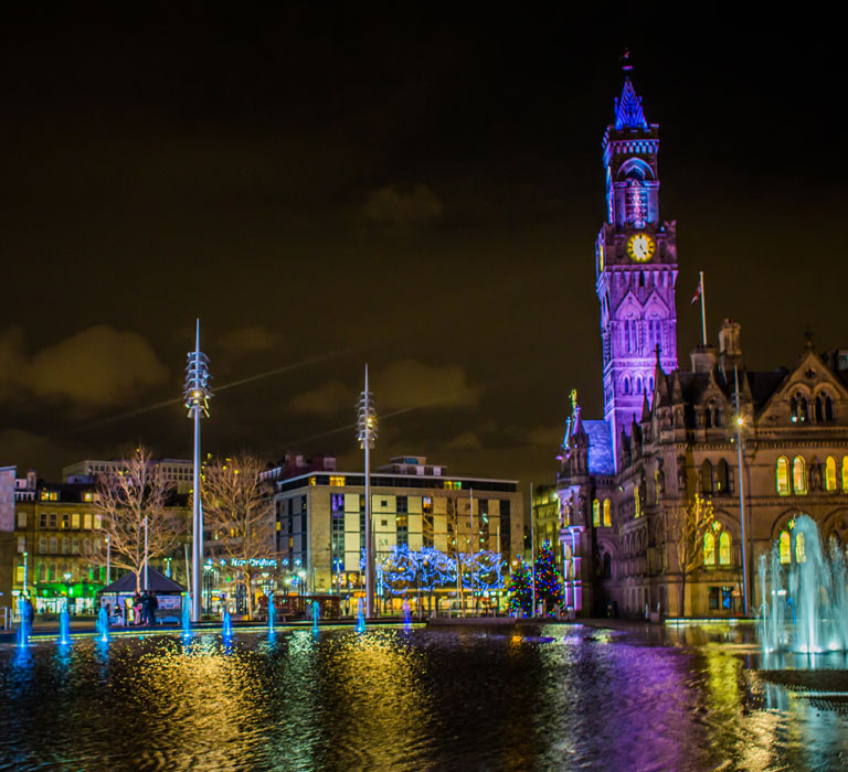 City Park, Bradford lit up at night