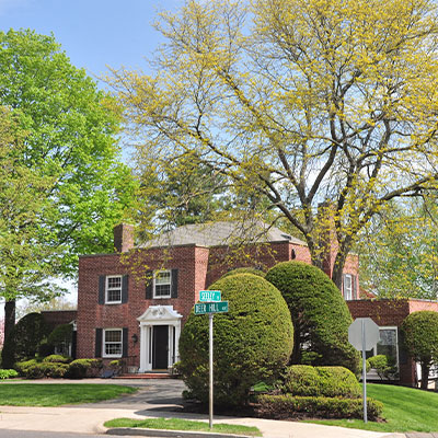 Red brick suburban house surrounded by trees and bushes.