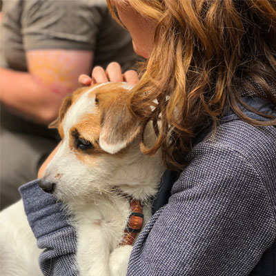 A person cuddling a small dog.