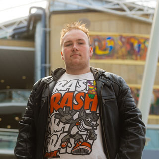 Cory, an undergraduate student in Game Design and Development in the Richmond building 